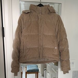 Aritzia Superpuff Corduroy Shorty Cropped Tan Puffer Jacket